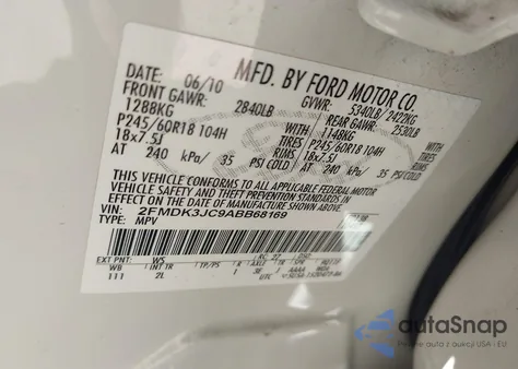 2010 Ford Edge Sel из США, поврежденный, VIN 2FMDK3JC9ABB68169